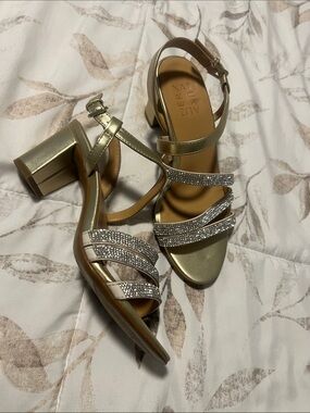Naturalizer Metallic Gold Rhinestone Strappy Block Heels 6W
